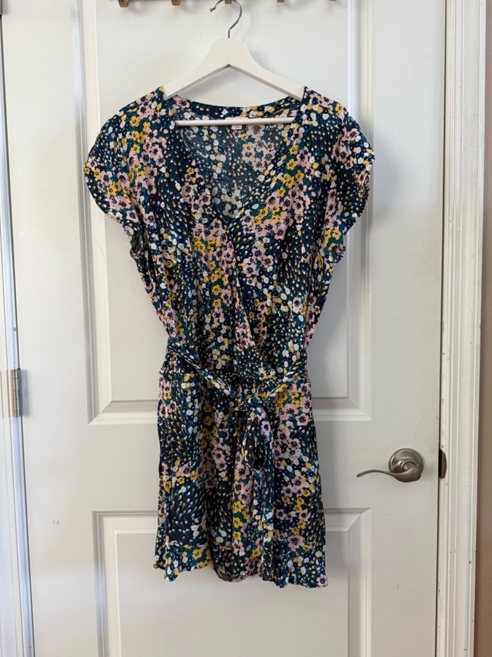 LOFT Navy Floral V-Neck Romper with Pink & Yellow Flowers